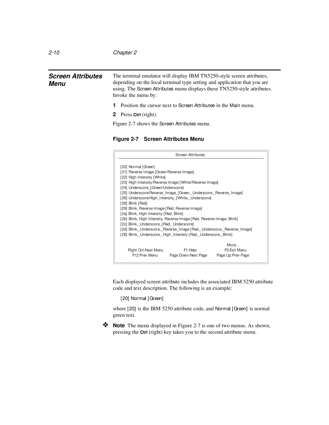 IBM TN5250 manual 2-10, Chapter, 7 Screen Attributes Menu 