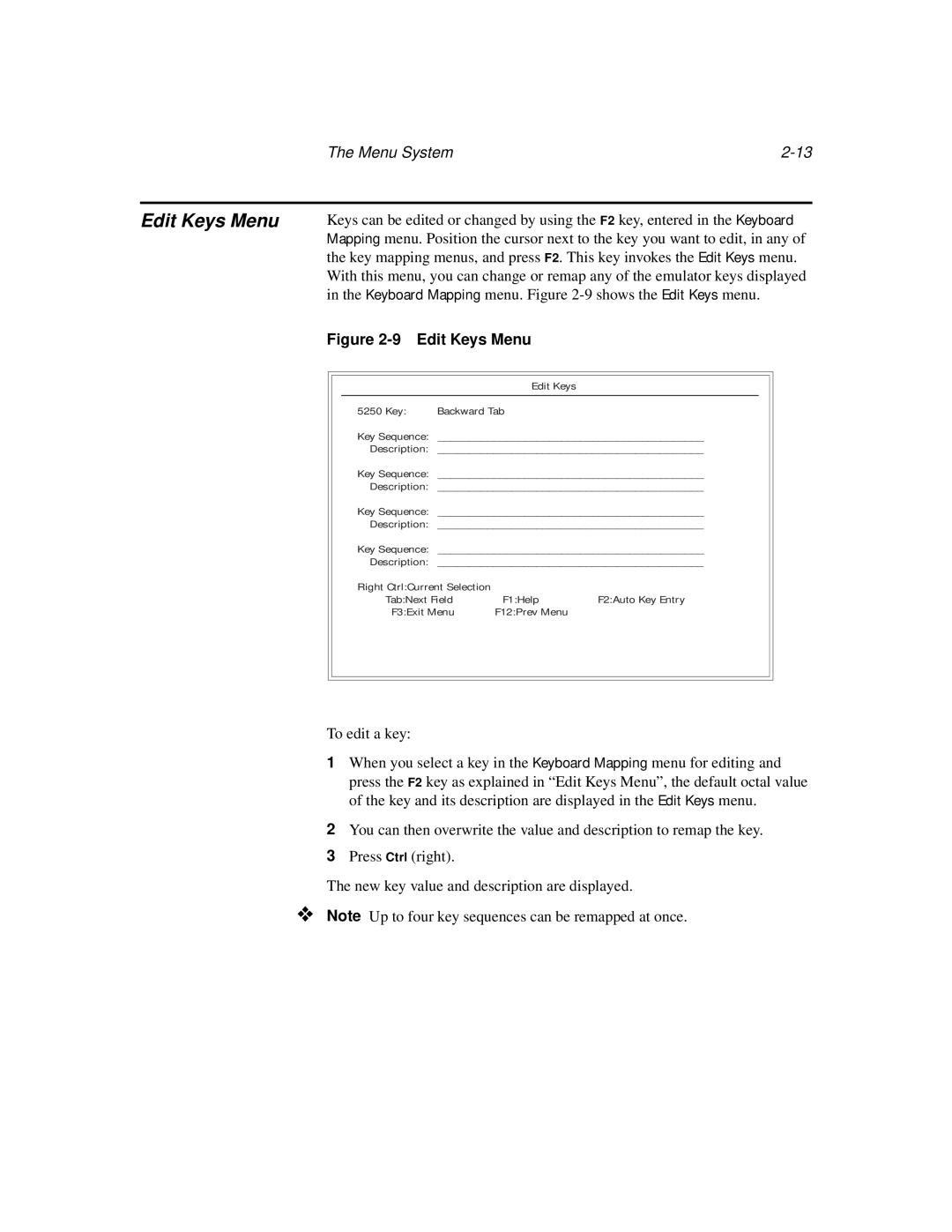 IBM TN5250 manual 2-13, The Menu System, 9 Edit Keys Menu 