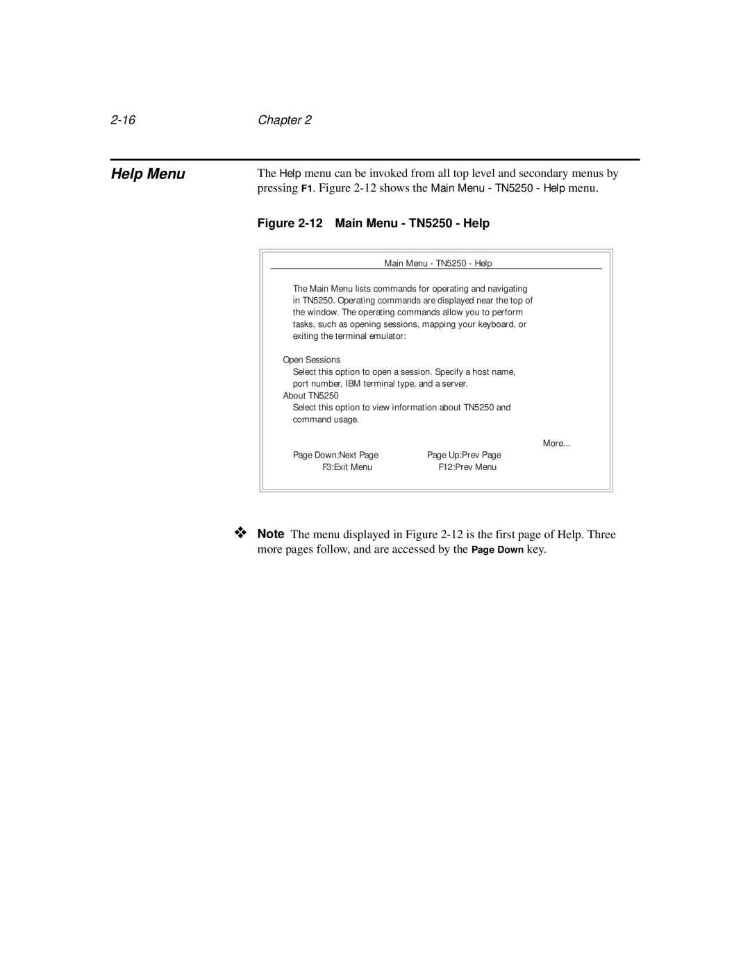 IBM manual Help Menu, 2-16, Chapter, 12 Main Menu - TN5250 - Help 