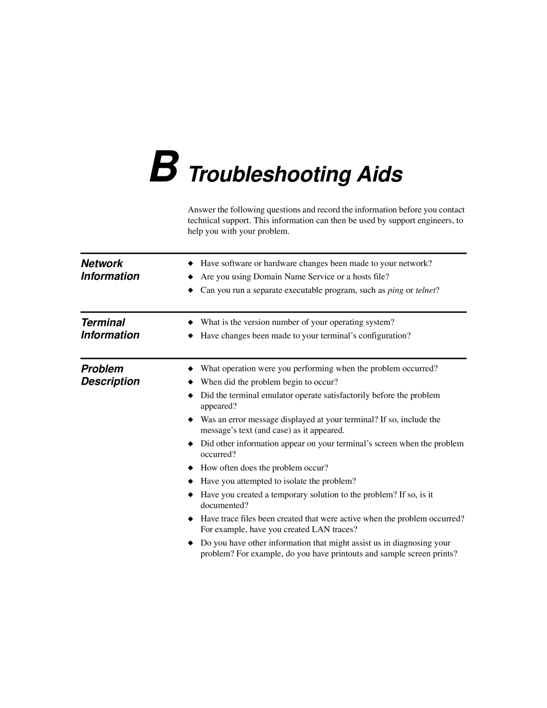 IBM TN5250 manual B Troubleshooting Aids, Network, Information, Terminal, Problem Description 