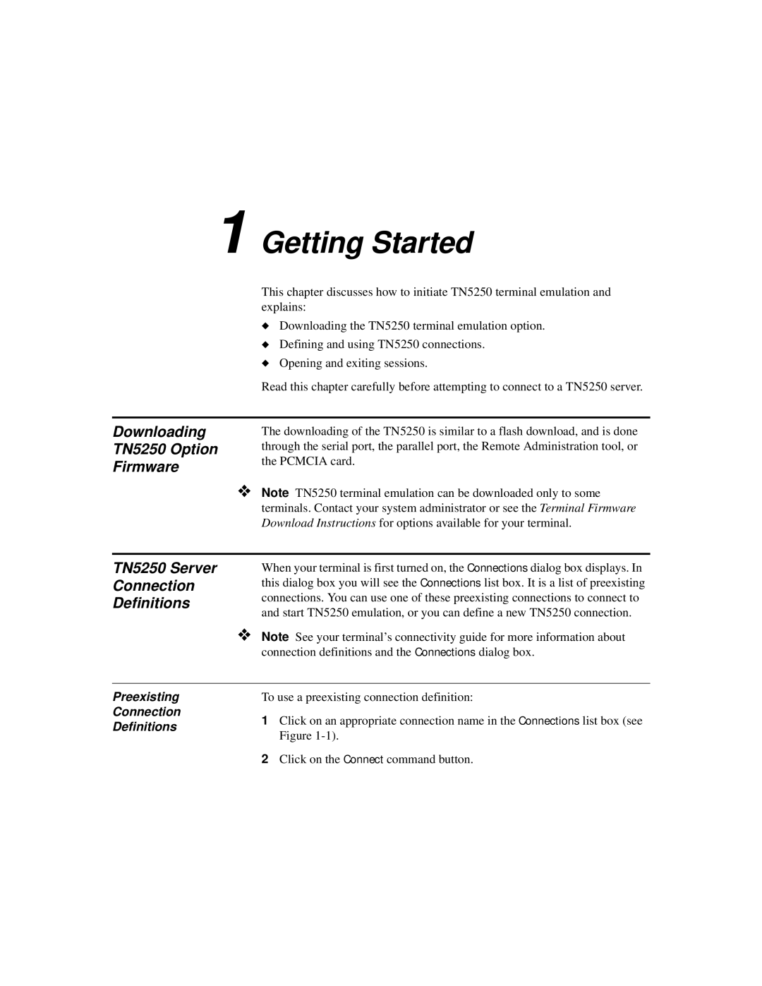 IBM manual Getting Started, Downloading TN5250 Option Firmware, TN5250 Server Connection Definitions 