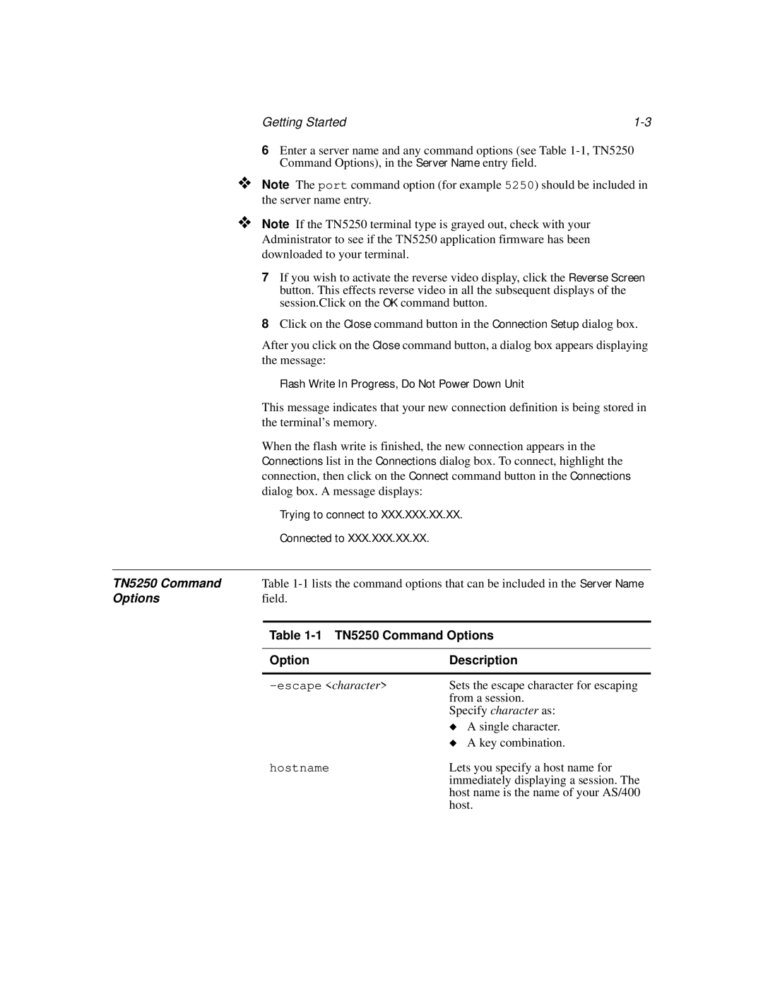 IBM manual Getting Started, TN5250 Command Options, Option Description 