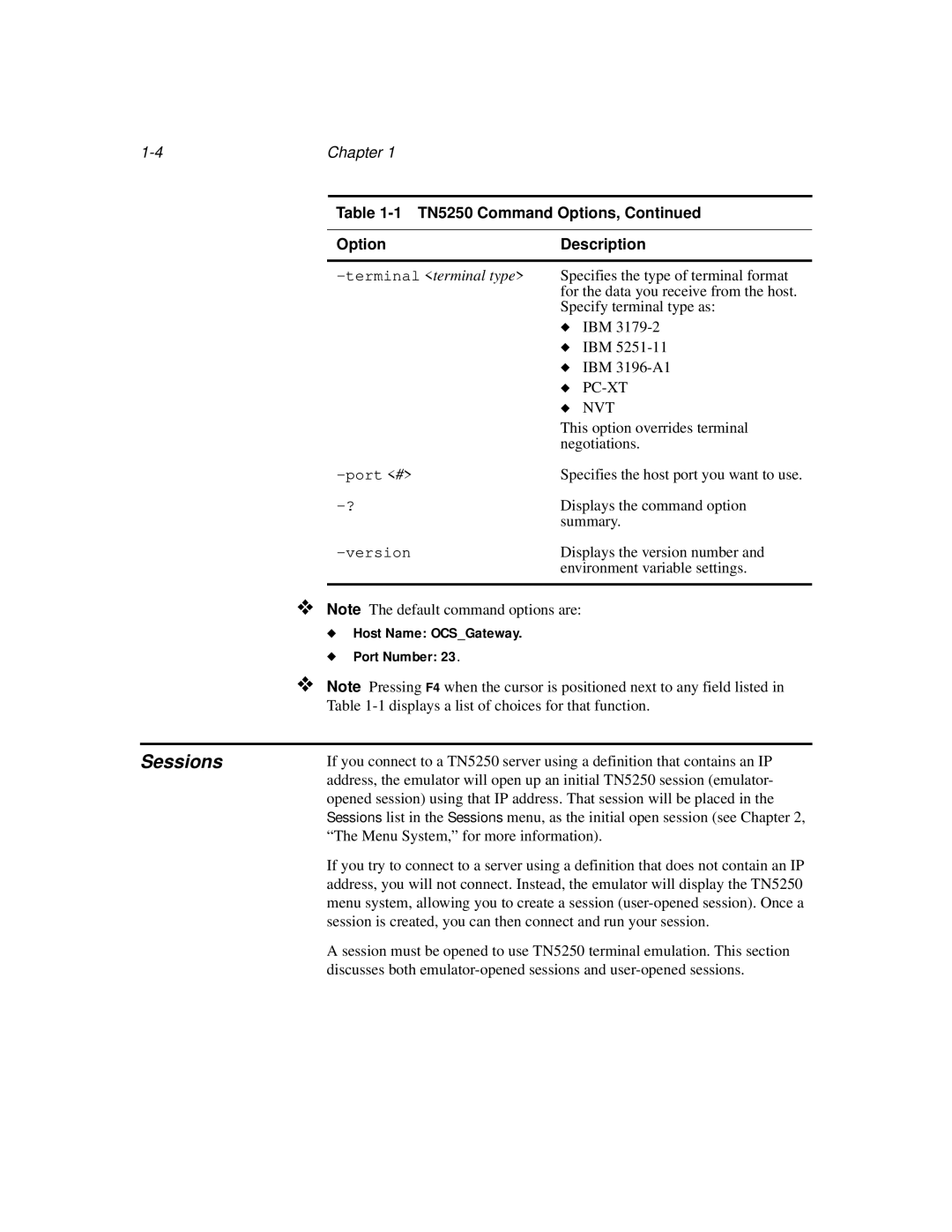 IBM manual Sessions, TN5250 Command Options Description, Host Name OCSGateway Port Number 