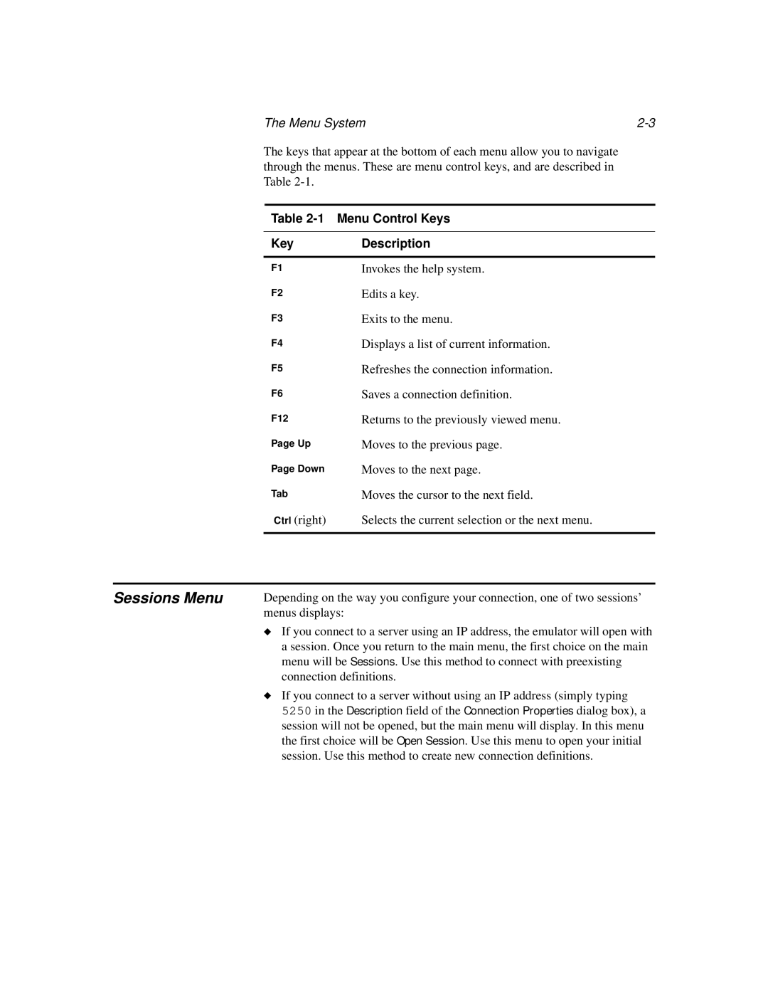 IBM TN5250 manual Sessions Menu, Menu System, Menu Control Keys Description 