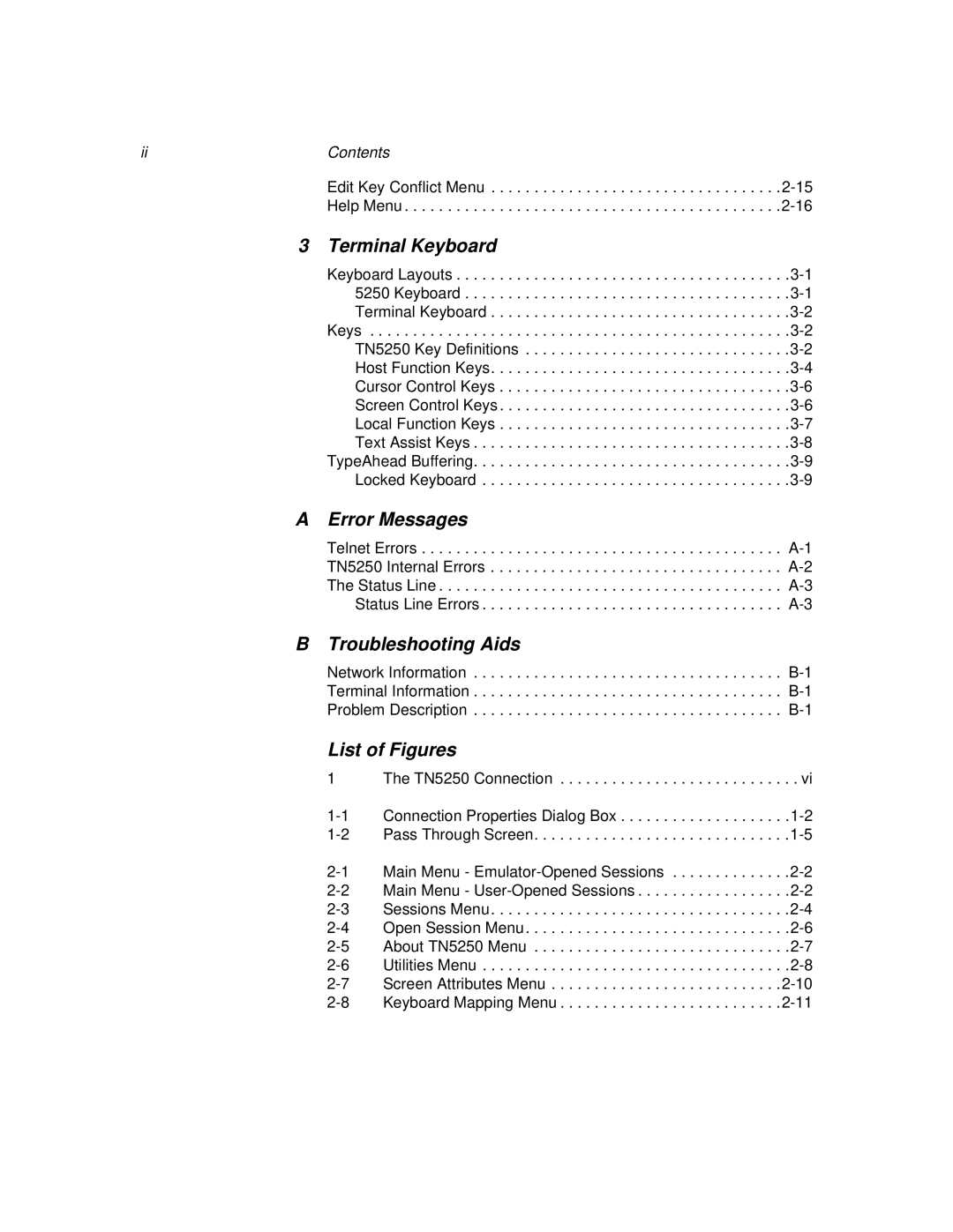 IBM TN5250 manual Terminal Keyboard, Error Messages, Troubleshooting Aids, List of Figures, Contents 