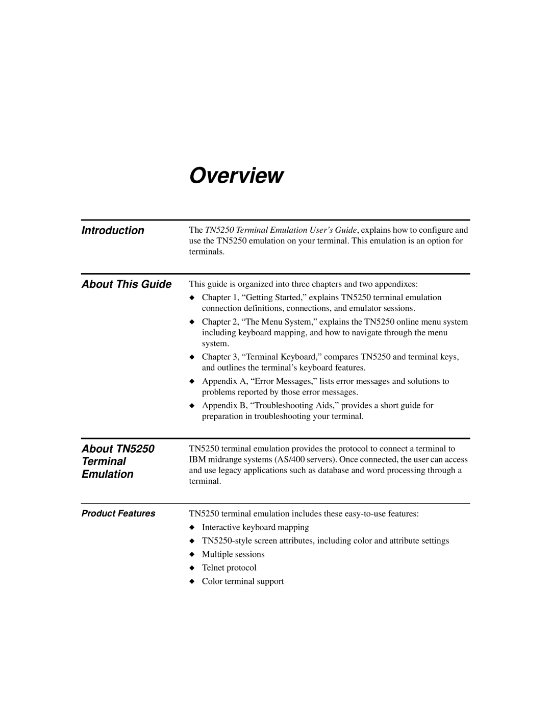 IBM manual Overview, Introduction, About This Guide, About TN5250 Terminal Emulation, Product Features 