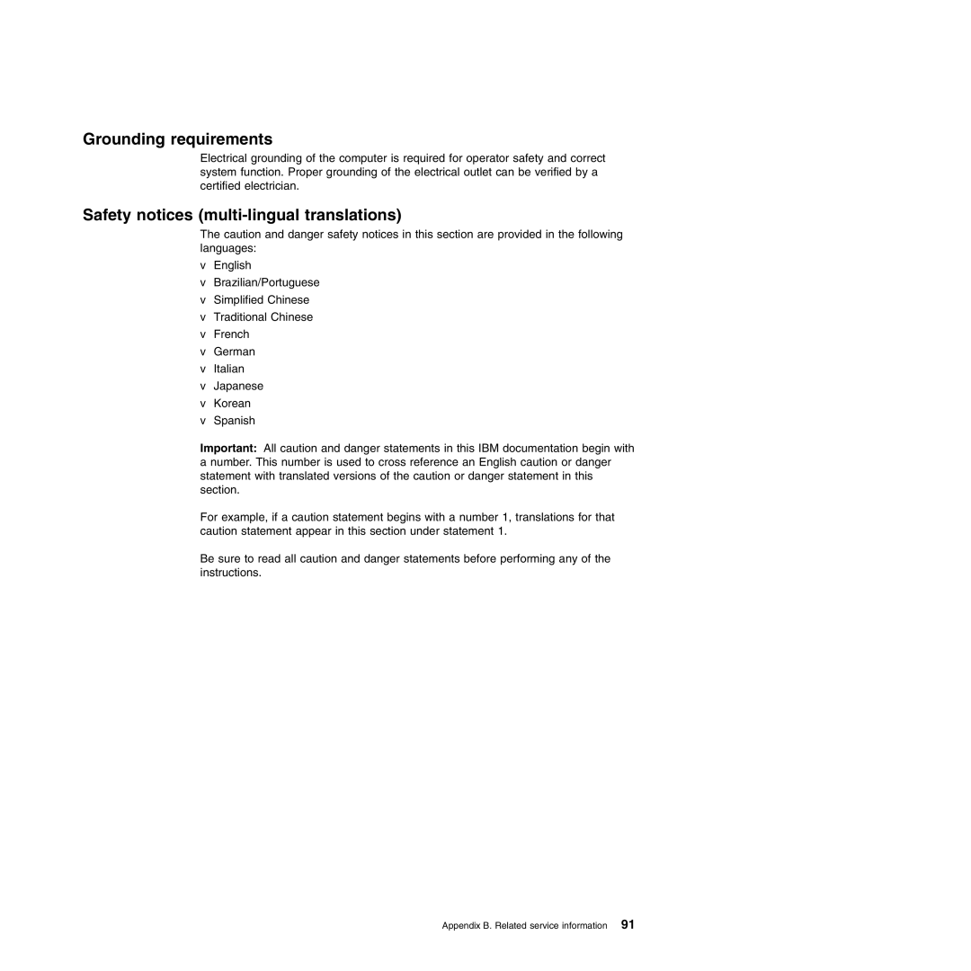 IBM Type 8677, Type 1881 manual Grounding requirements, Safety notices multi-lingual translations 