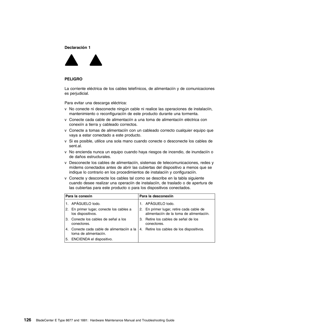 IBM Type 1881, Type 8677 manual Peligro, Para la conexin Para la desconexiín 