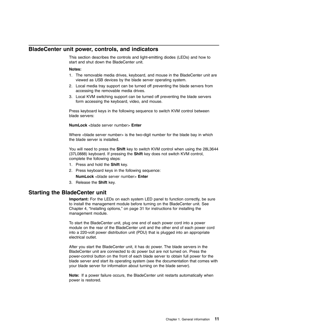 IBM Type 8677, Type 1881 manual BladeCenter unit power, controls, and indicators, Starting the BladeCenter unit 