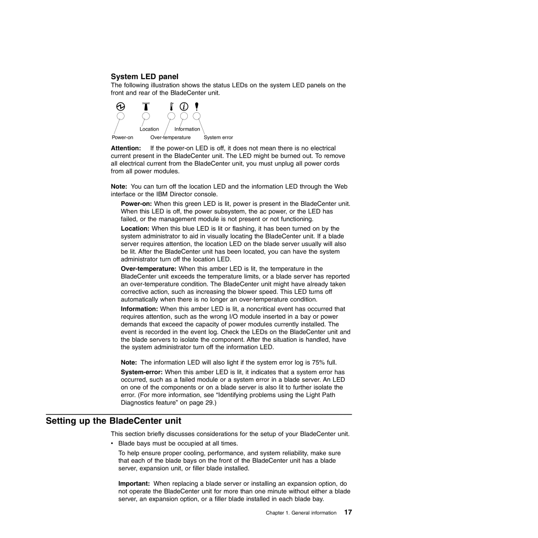 IBM Type 8677, Type 1881 manual Setting up the BladeCenter unit, System LED panel 