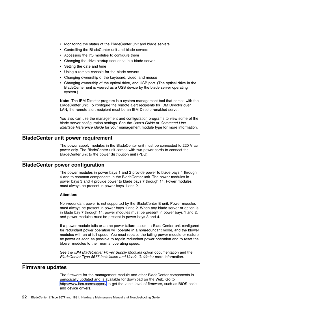 IBM Type 1881, Type 8677 manual BladeCenter unit power requirement, BladeCenter power configuration, Firmware updates 