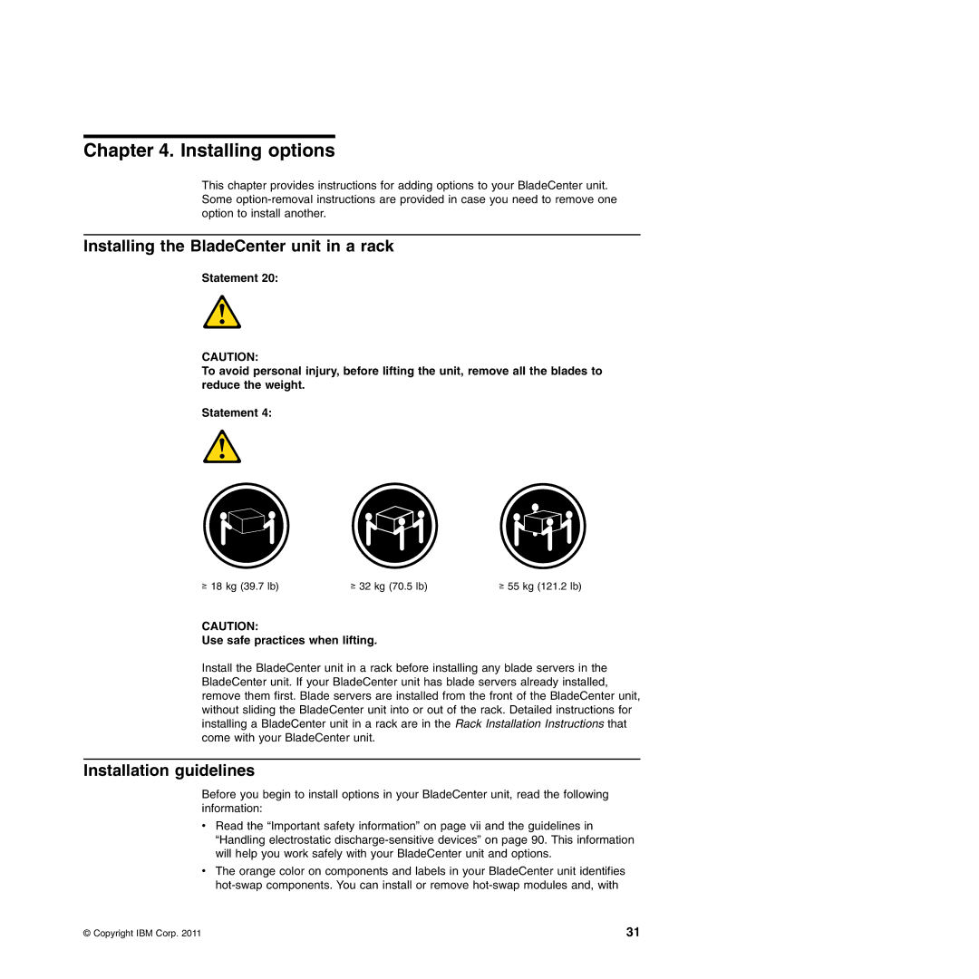 IBM Type 8677, Type 1881 manual Installing options, Installing the BladeCenter unit in a rack, Installation guidelines 