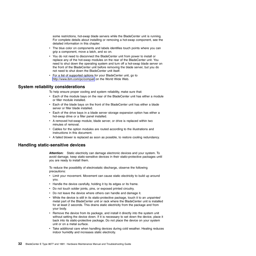 IBM Type 1881, Type 8677 manual System reliability considerations, Handling static-sensitive devices 