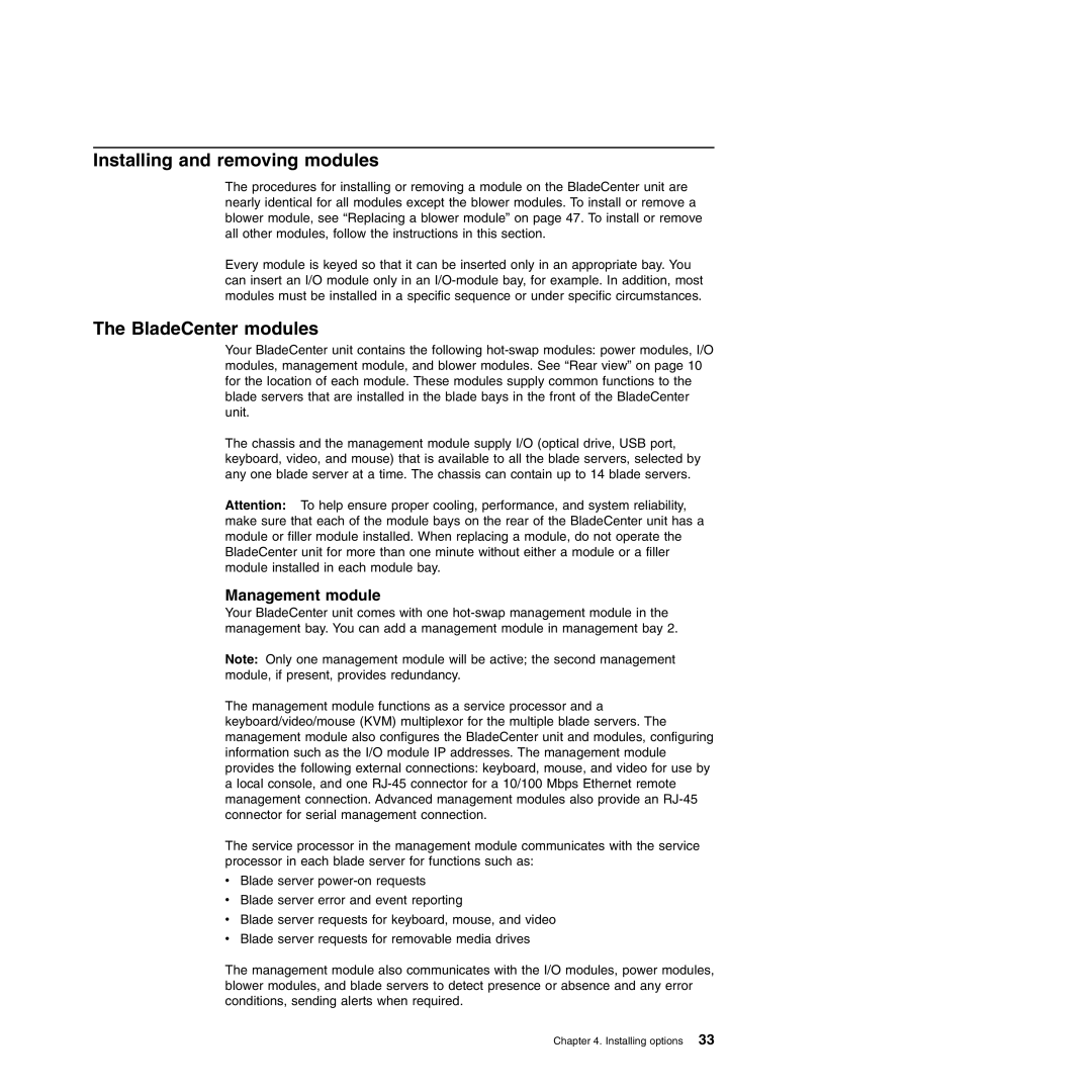 IBM Type 8677, Type 1881 manual Installing and removing modules, BladeCenter modules 