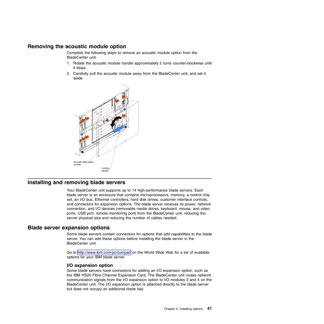 IBM Type 8677 Removing the acoustic module option, Installing and removing blade servers, Blade server expansion options 