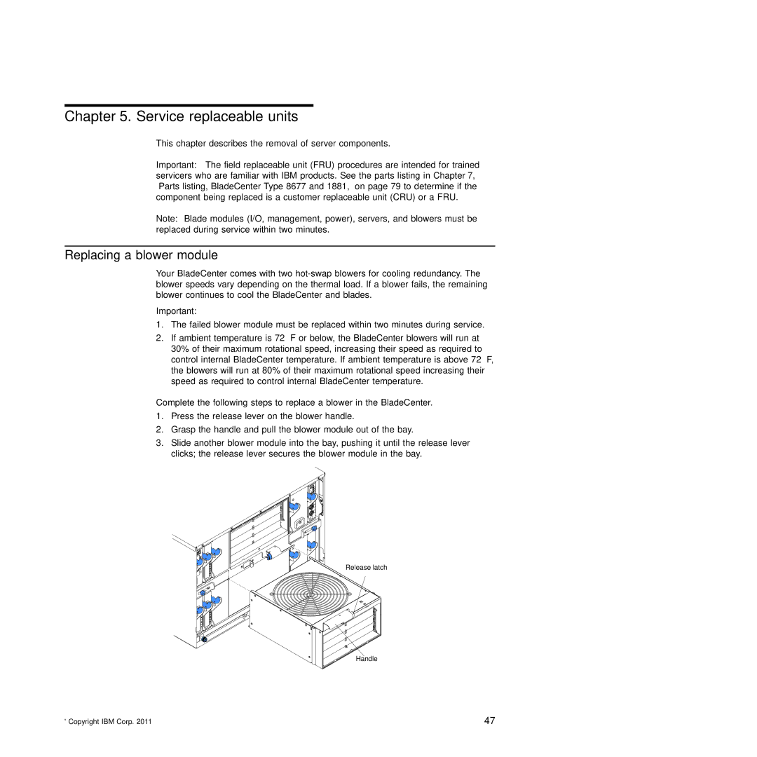 IBM Type 8677, Type 1881 manual Service replaceable units, Replacing a blower module 