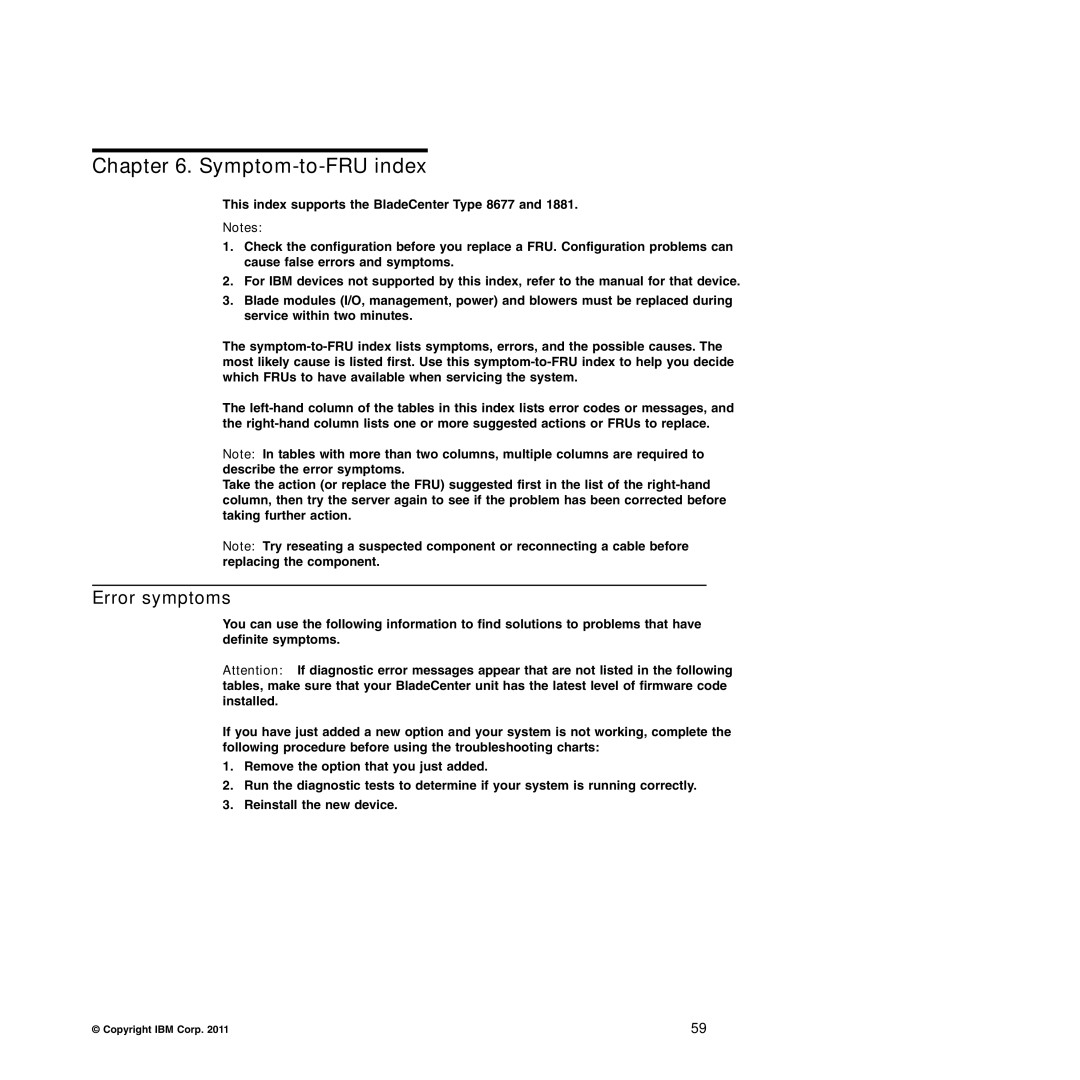 IBM Type 8677, Type 1881 manual Symptom-to-FRU index, Error symptoms 