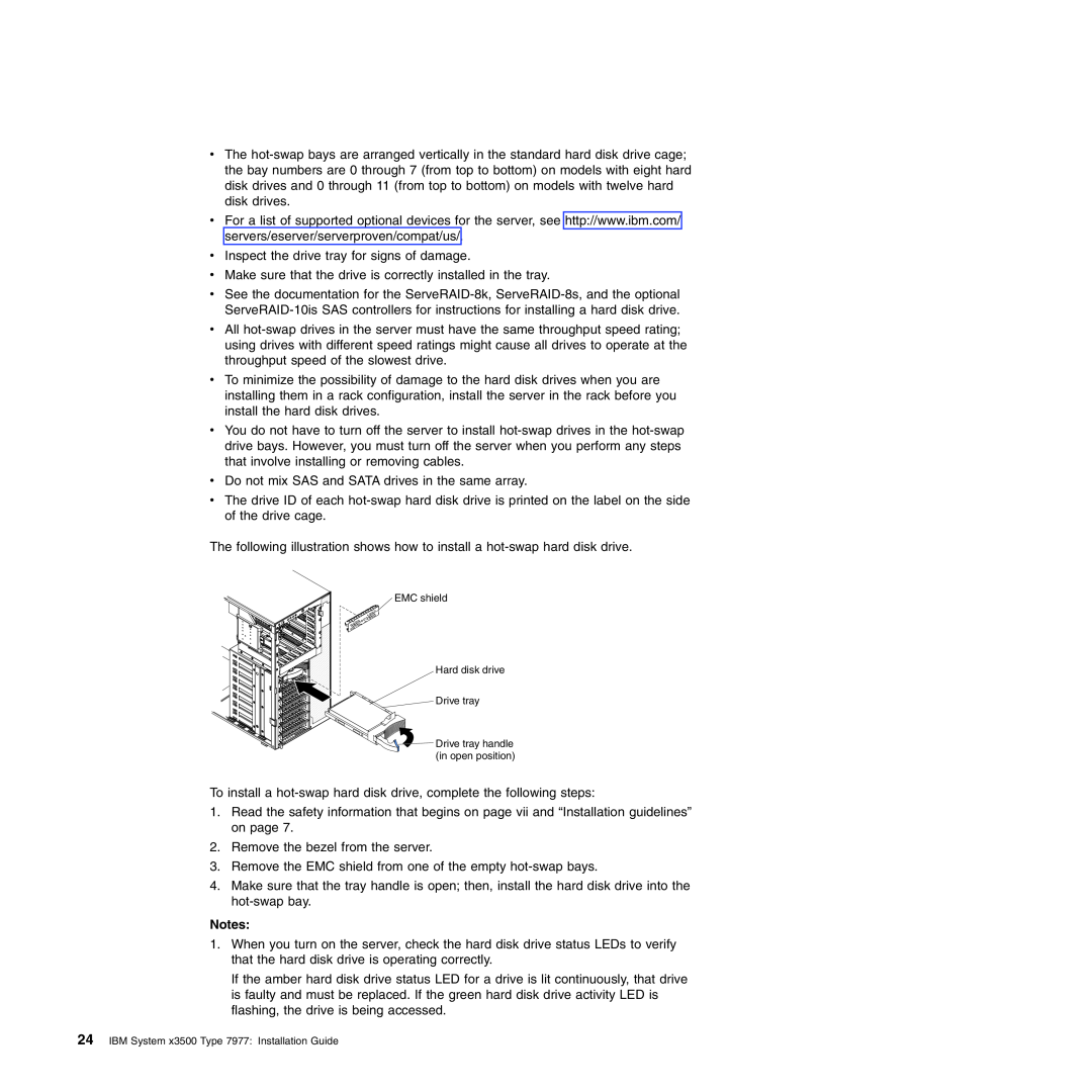 IBM manual EMC shield Hard disk drive Drive tray, IBM System x3500 Type 7977 Installation Guide 