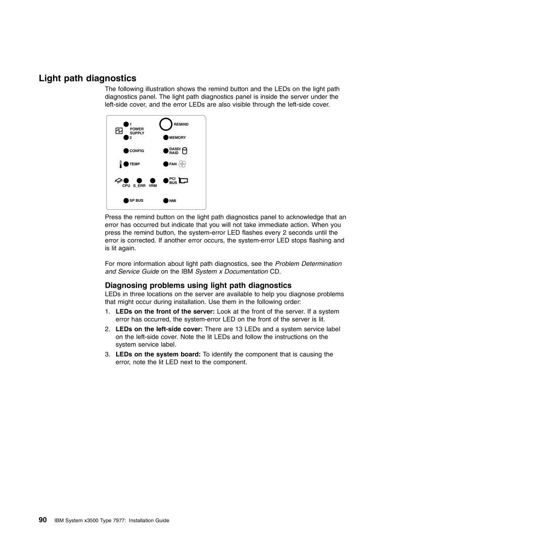 IBM Type 7977 manual Light path diagnostics, Diagnosing problems using light path diagnostics 