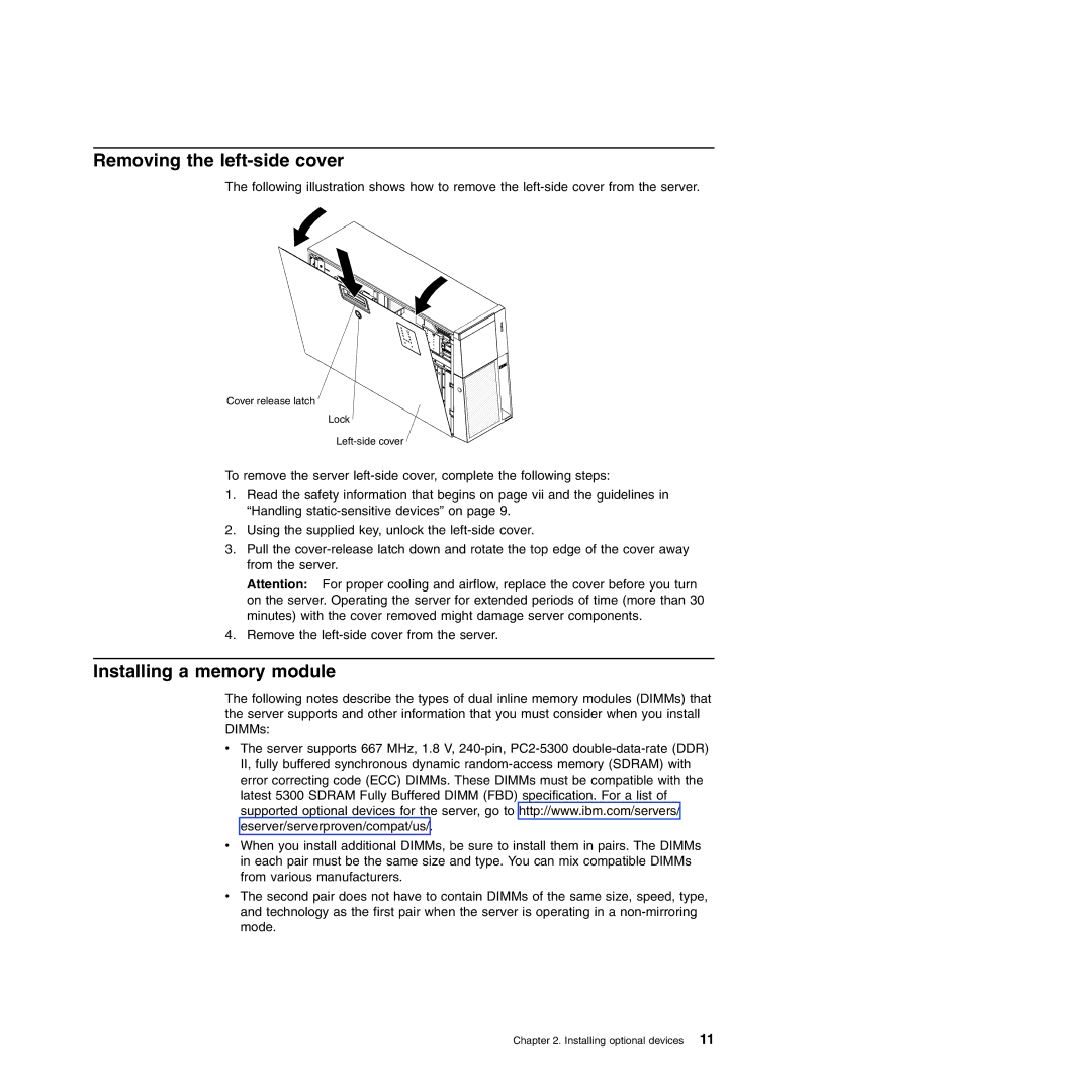 IBM Type 7977 manual Removing the left-side cover, Installing a memory module 