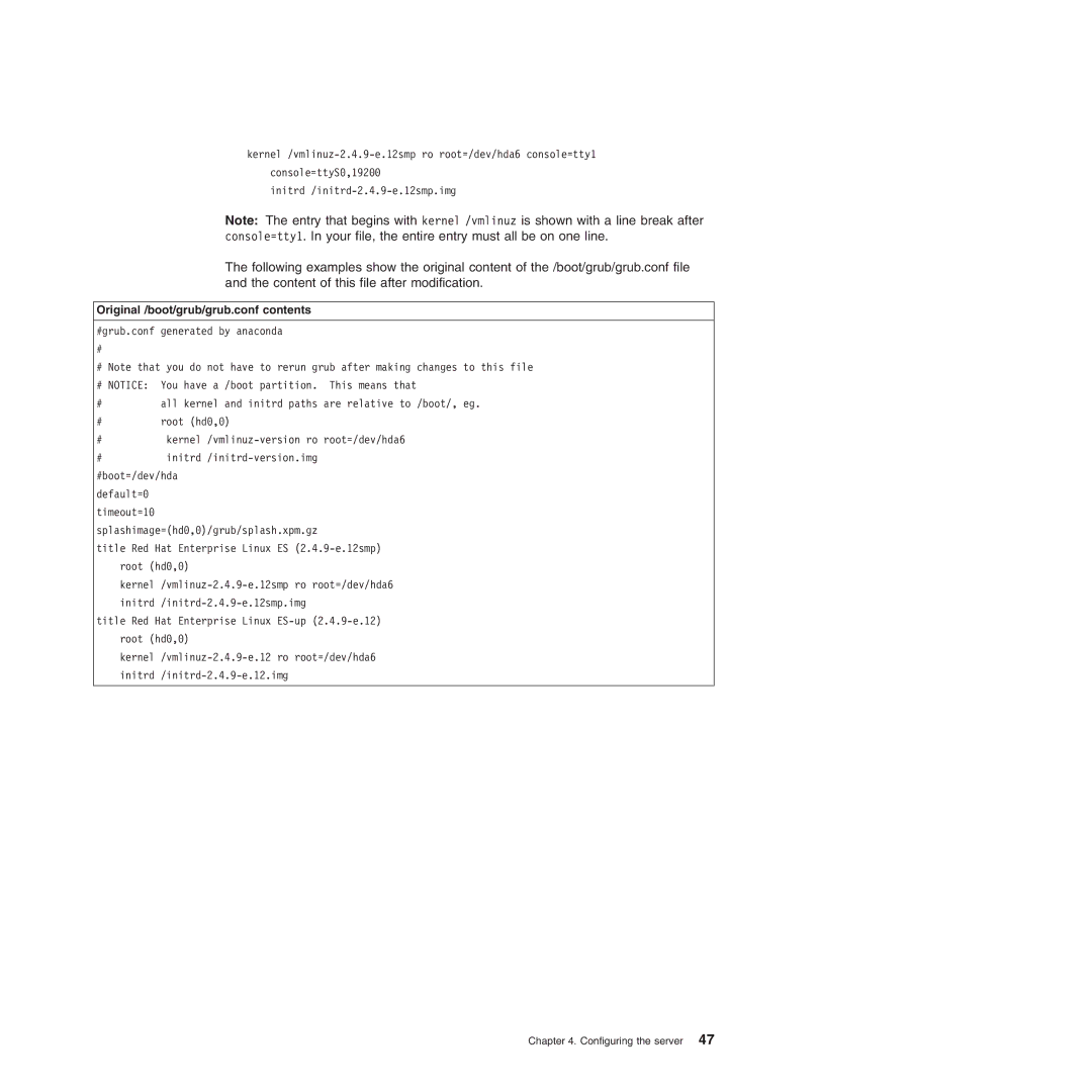 IBM Type 7977 manual Original /boot/grub/grub.conf contents 