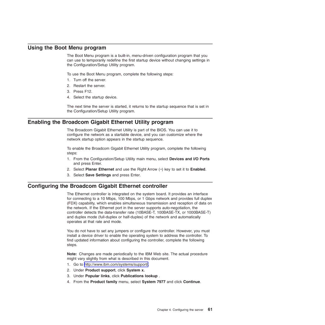 IBM Type 7977 manual Using the Boot Menu program, Enabling the Broadcom Gigabit Ethernet Utility program 