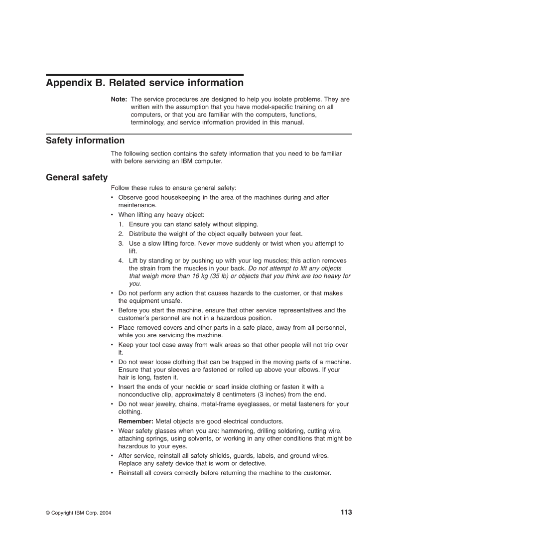 IBM Type 8720, Type 8730 manual Appendix B. Related service information, Safety information, General safety 