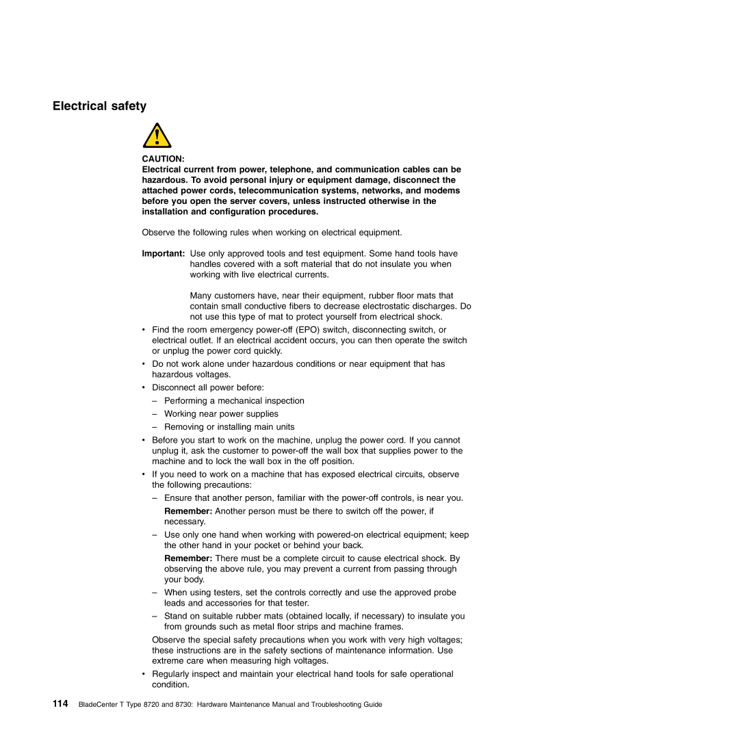 IBM Type 8730, Type 8720 manual Electrical safety 