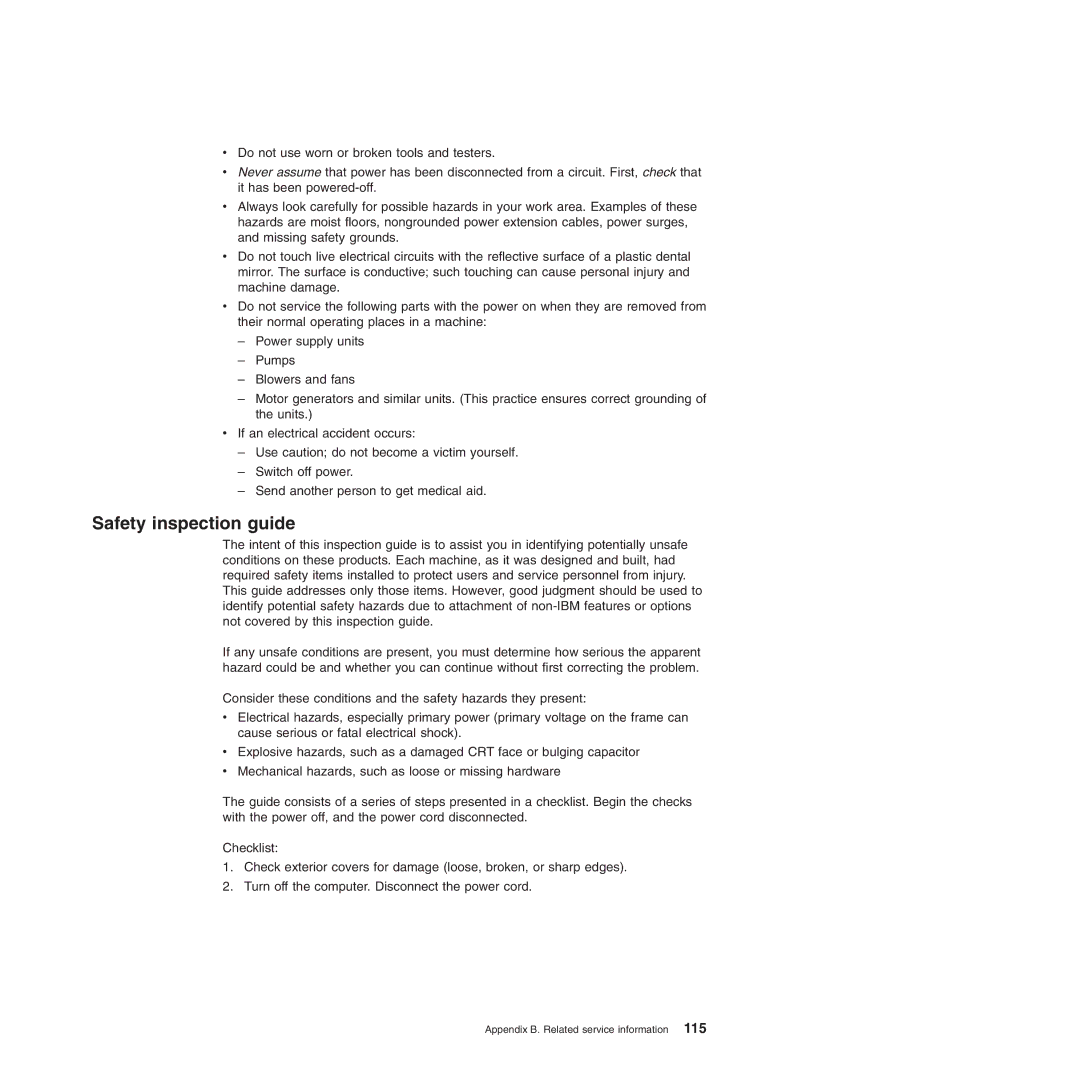 IBM Type 8720, Type 8730 manual Safety inspection guide 