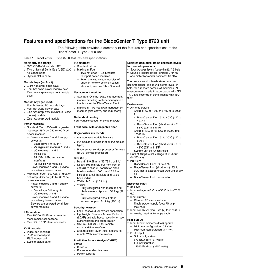 IBM Type 8730 manual BladeCenter T Type 8720 features and specifications 