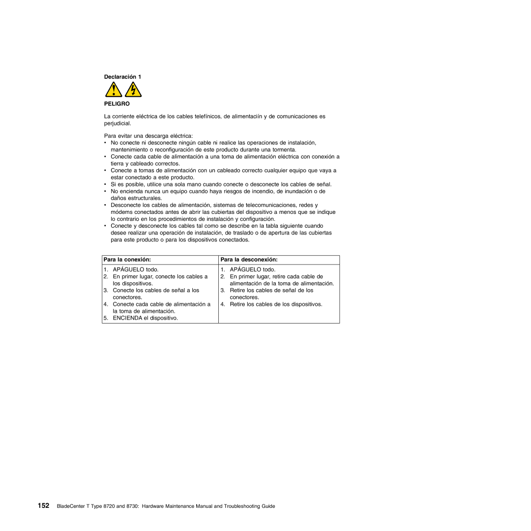 IBM Type 8730, Type 8720 manual Declaración, Para la conexión Para la desconexión 