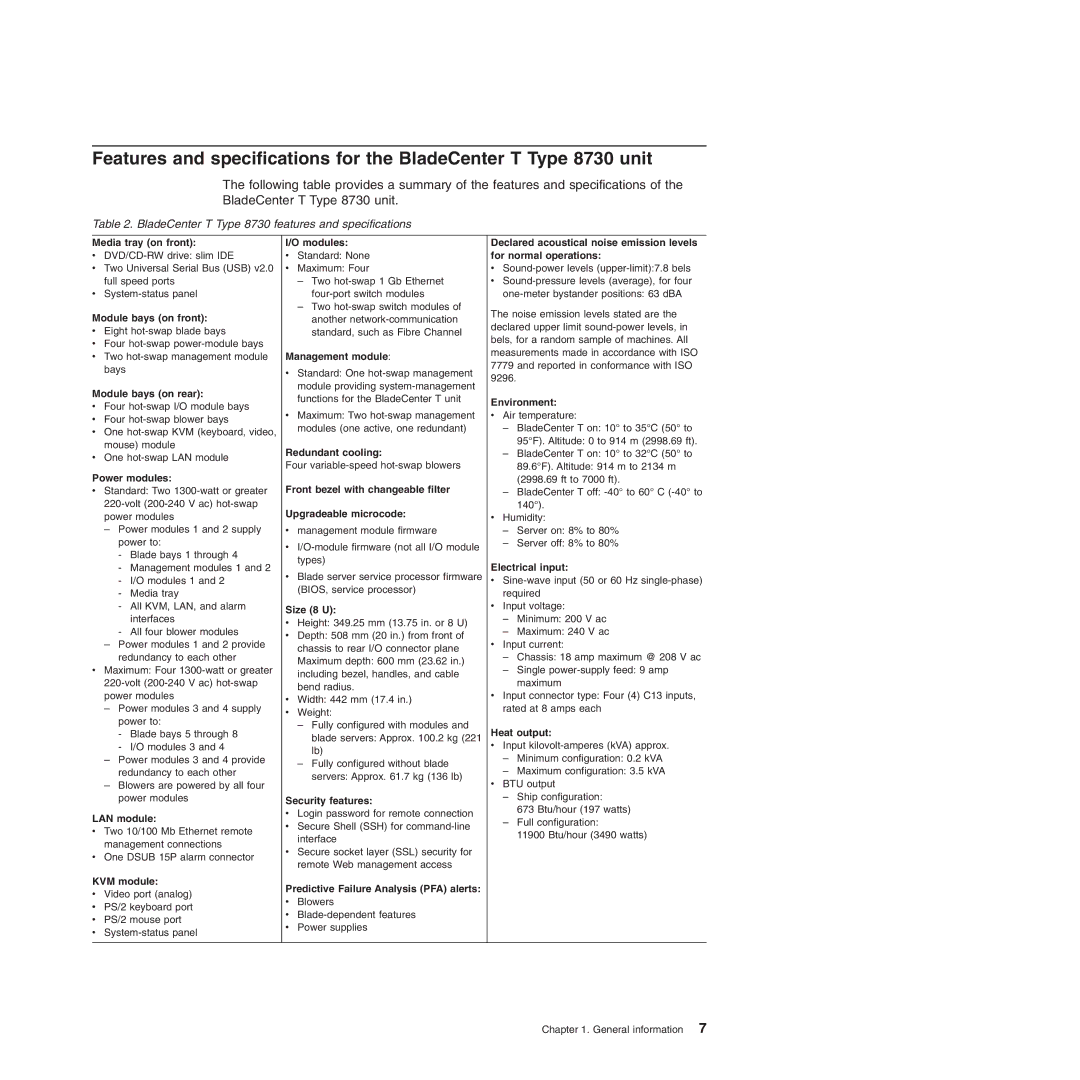 IBM Type 8720 manual BladeCenter T Type 8730 features and specifications 