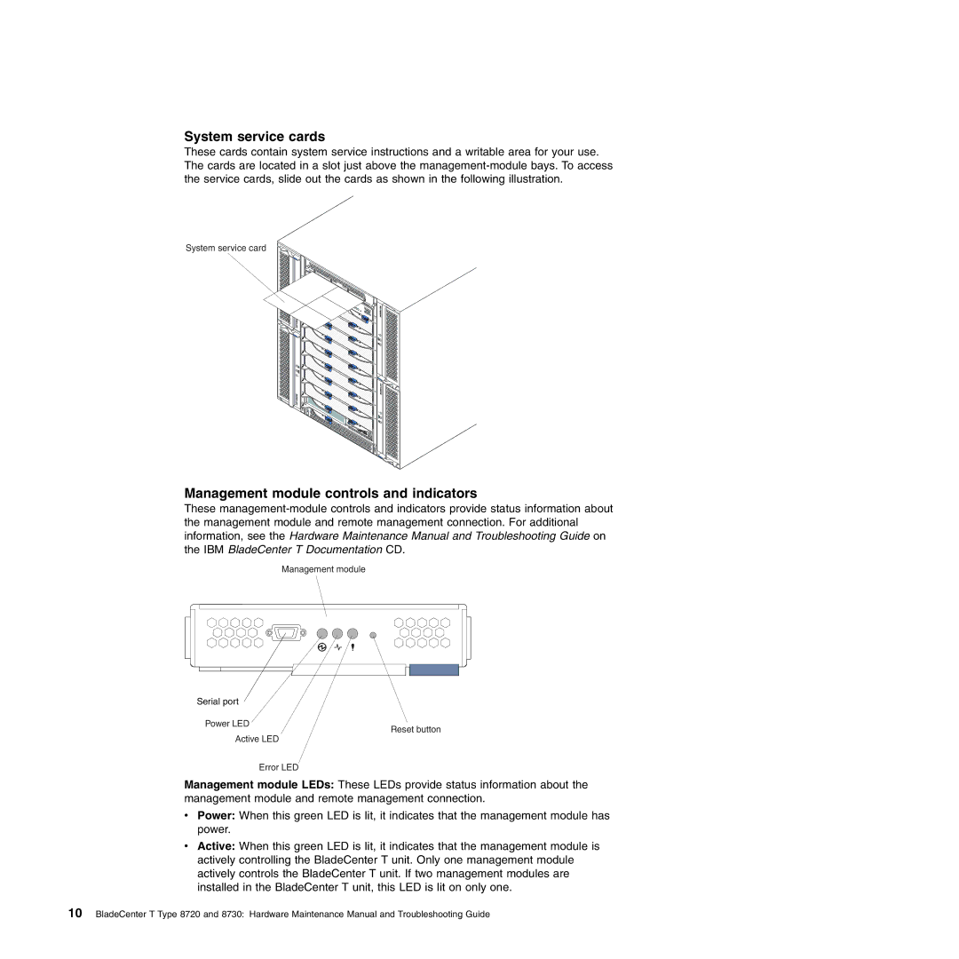 IBM Type 8730, Type 8720 manual System service cards, Management module controls and indicators 