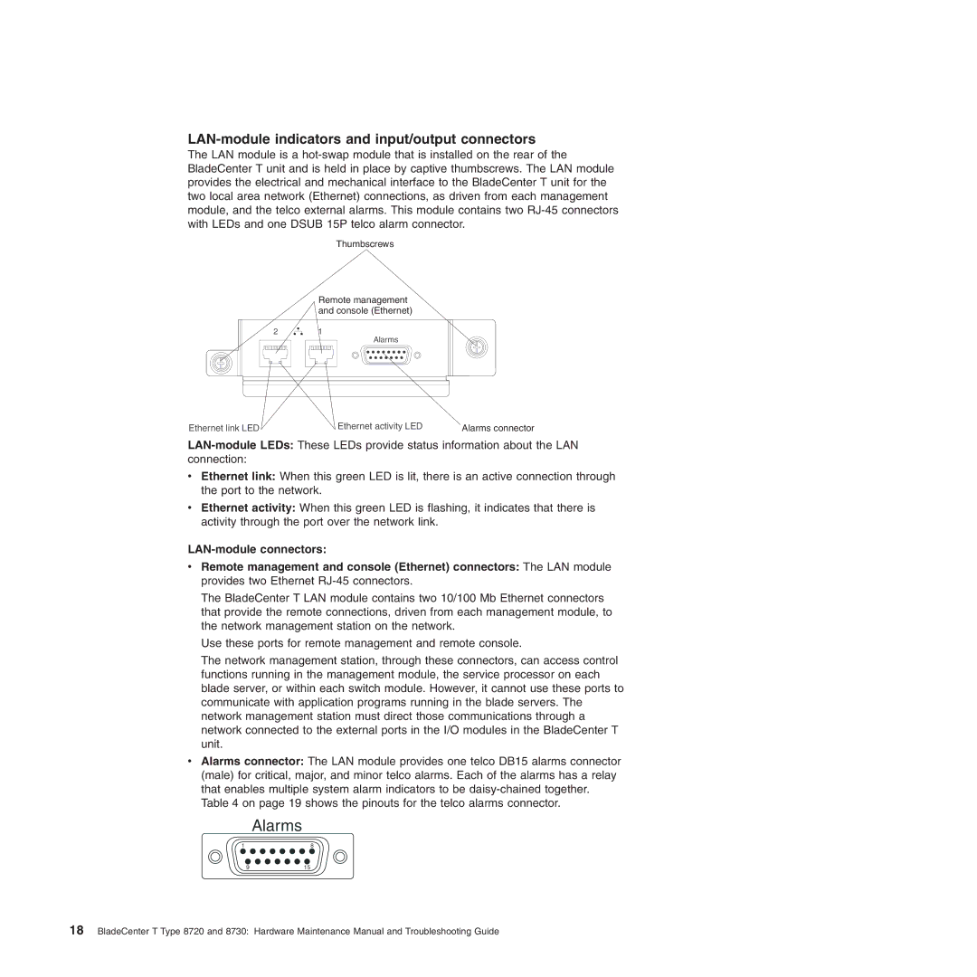 IBM Type 8730, Type 8720 manual Alarms, LAN-module indicators and input/output connectors 