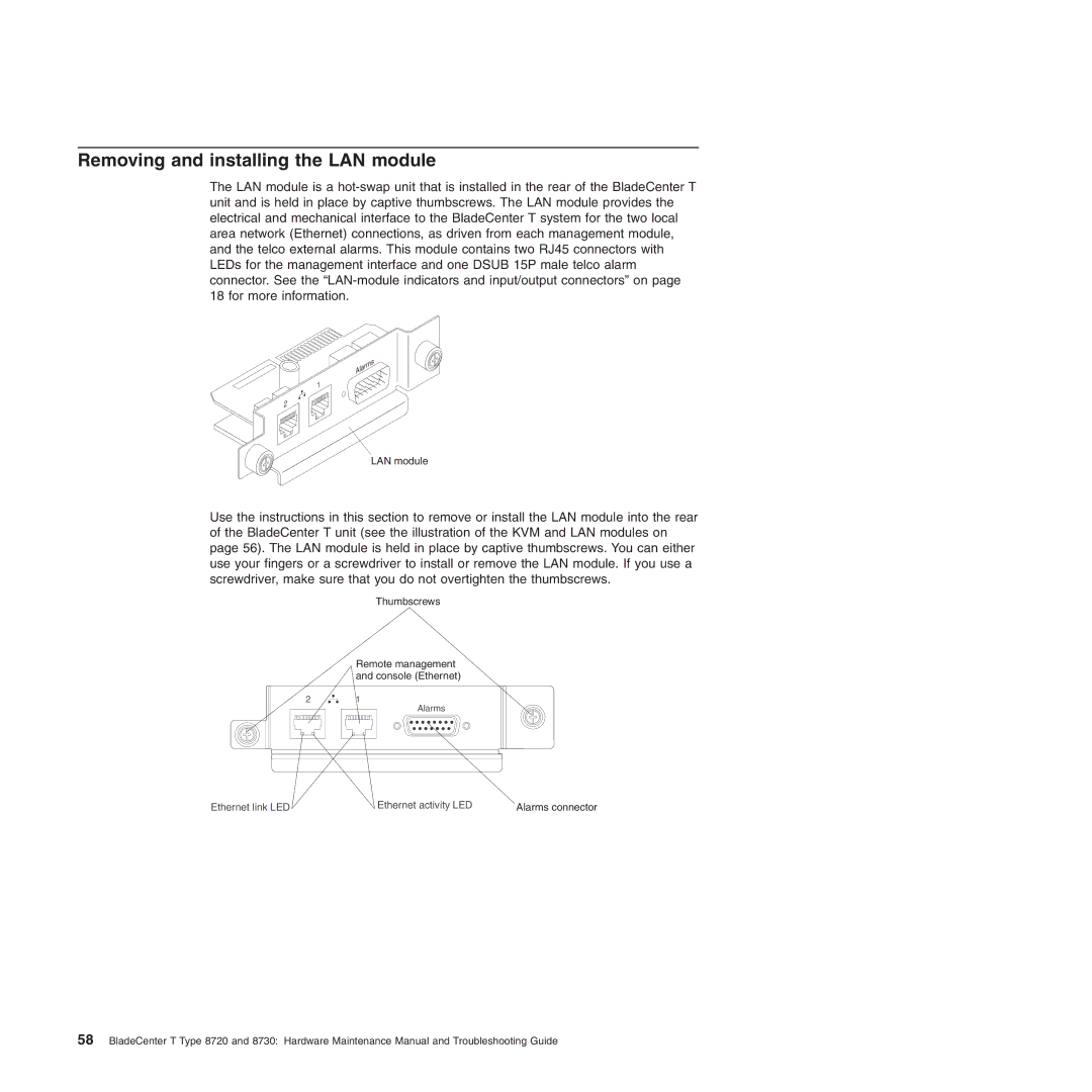 IBM Type 8730, Type 8720 manual Removing and installing the LAN module 