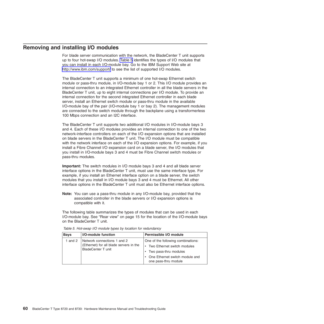 IBM Type 8730, Type 8720 manual Removing and installing I/O modules, Bays Module function Permissible I/O module 