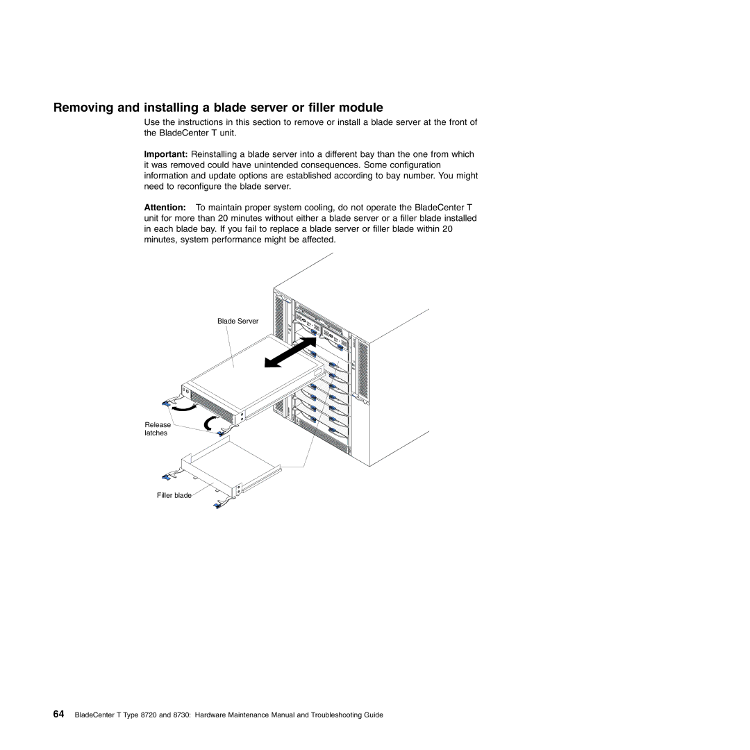 IBM Type 8730, Type 8720 manual Removing and installing a blade server or filler module 