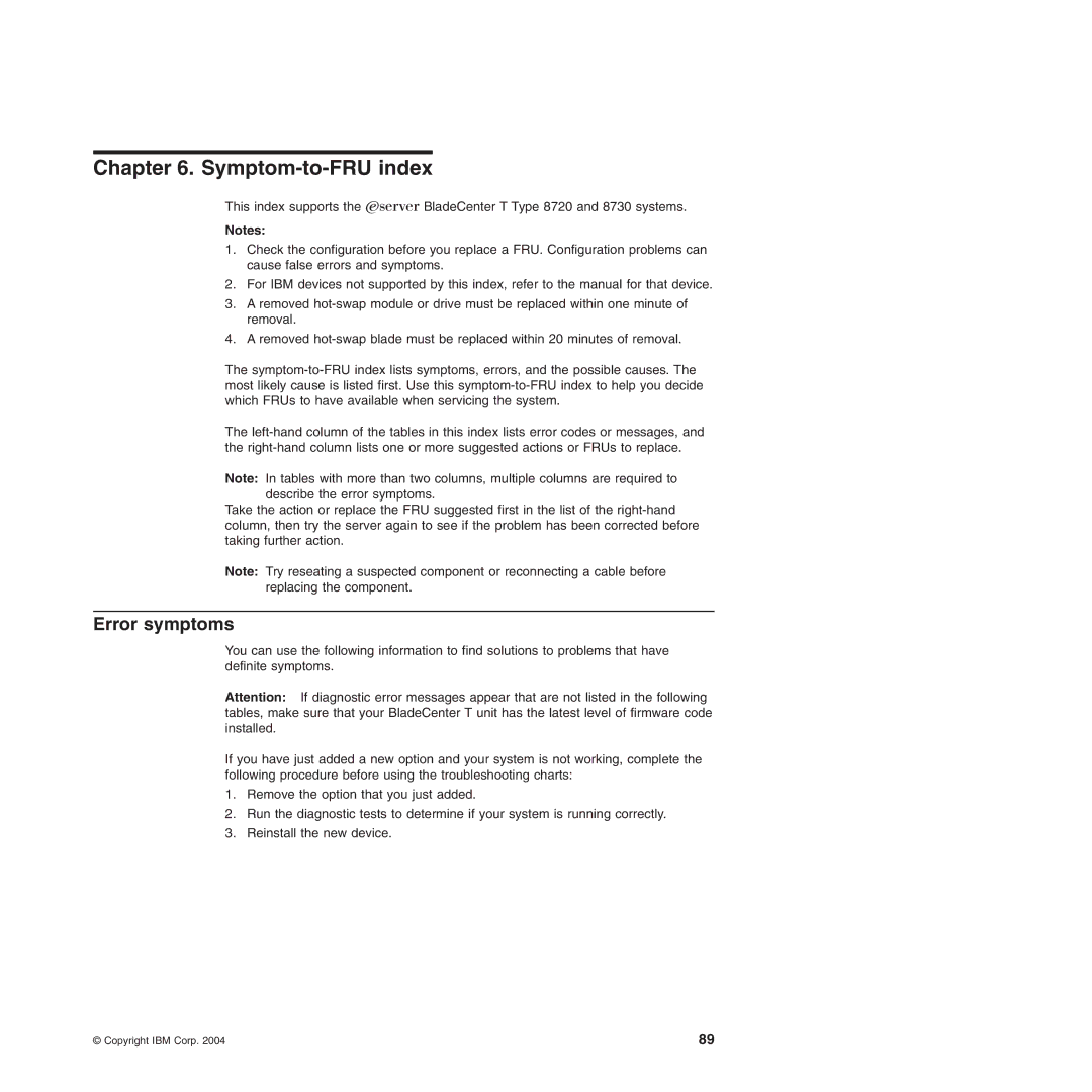 IBM Type 8720, Type 8730 manual Symptom-to-FRU index, Error symptoms 