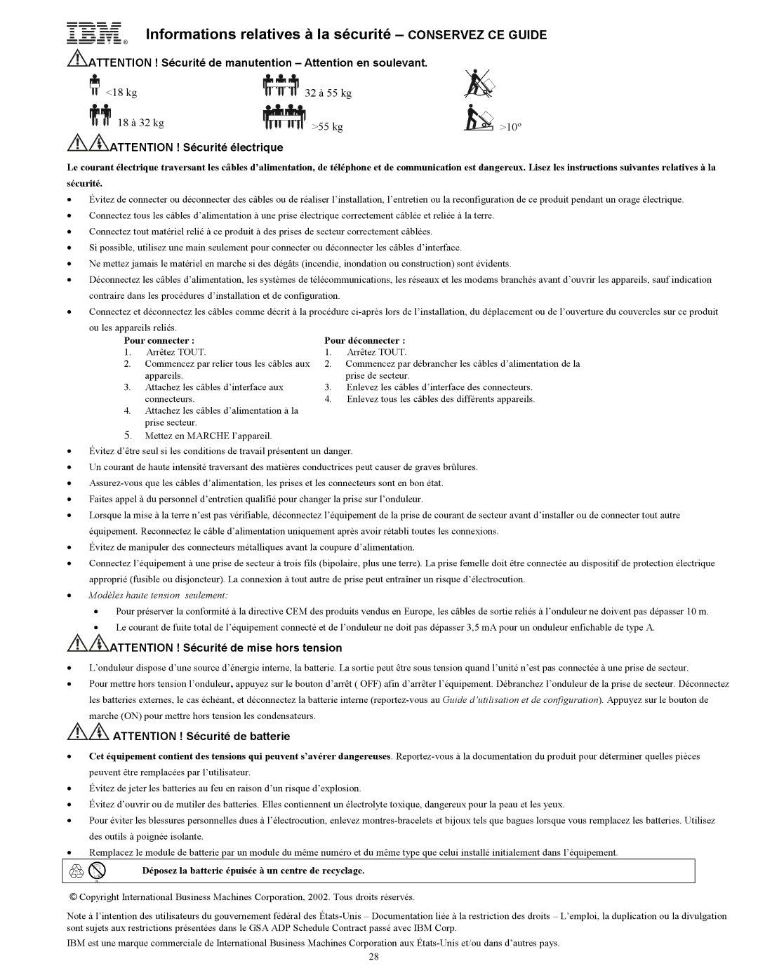 IBM UPS1000TLV, UPS750TLV manual Informations relatives à la sécurité Conservez CE Guide, Pour connecter Pour déconnecter 