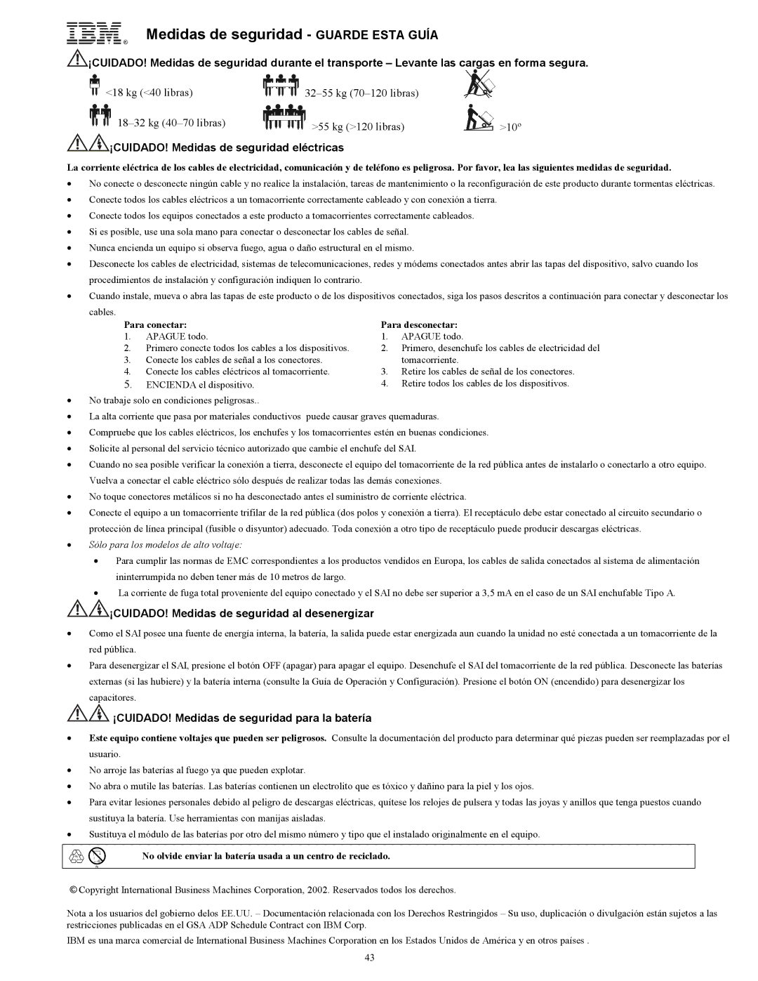 IBM UPS1500THV, UPS750TLV, UPS1500TLV manual Medidas de seguridad Guarde Esta Guía, ¡CUIDADO! Medidas de seguridad eléctricas 