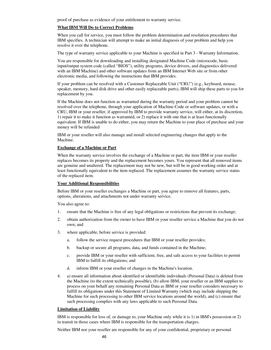 IBM UPS1000TLV manual What IBM Will Do to Correct Problems, Exchange of a Machine or Part, Your Additional Responsibilities 