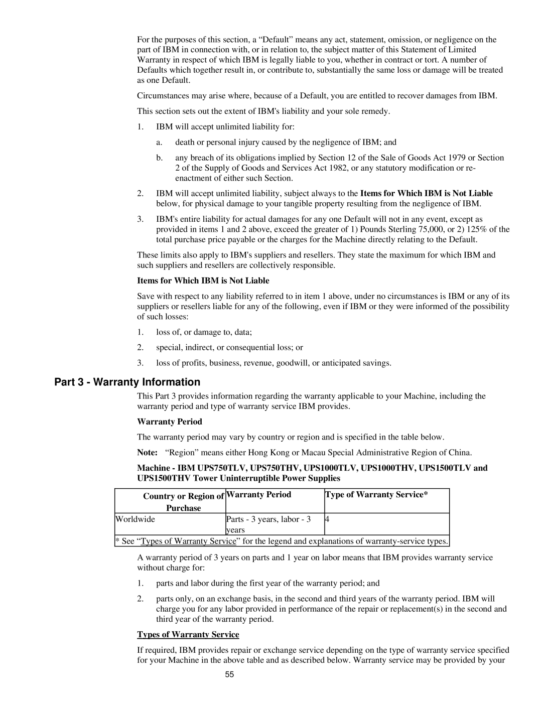 IBM UPS1500THV, UPS750TLV, UPS1500TLV, UPS1000TLV Part 3 Warranty Information, Warranty Period, Types of Warranty Service 
