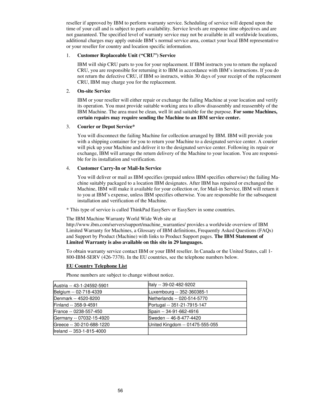 IBM UPS750TLV Customer Replaceable Unit CRU Service, On-site Service, Courier or Depot Service, EU Country Telephone List 
