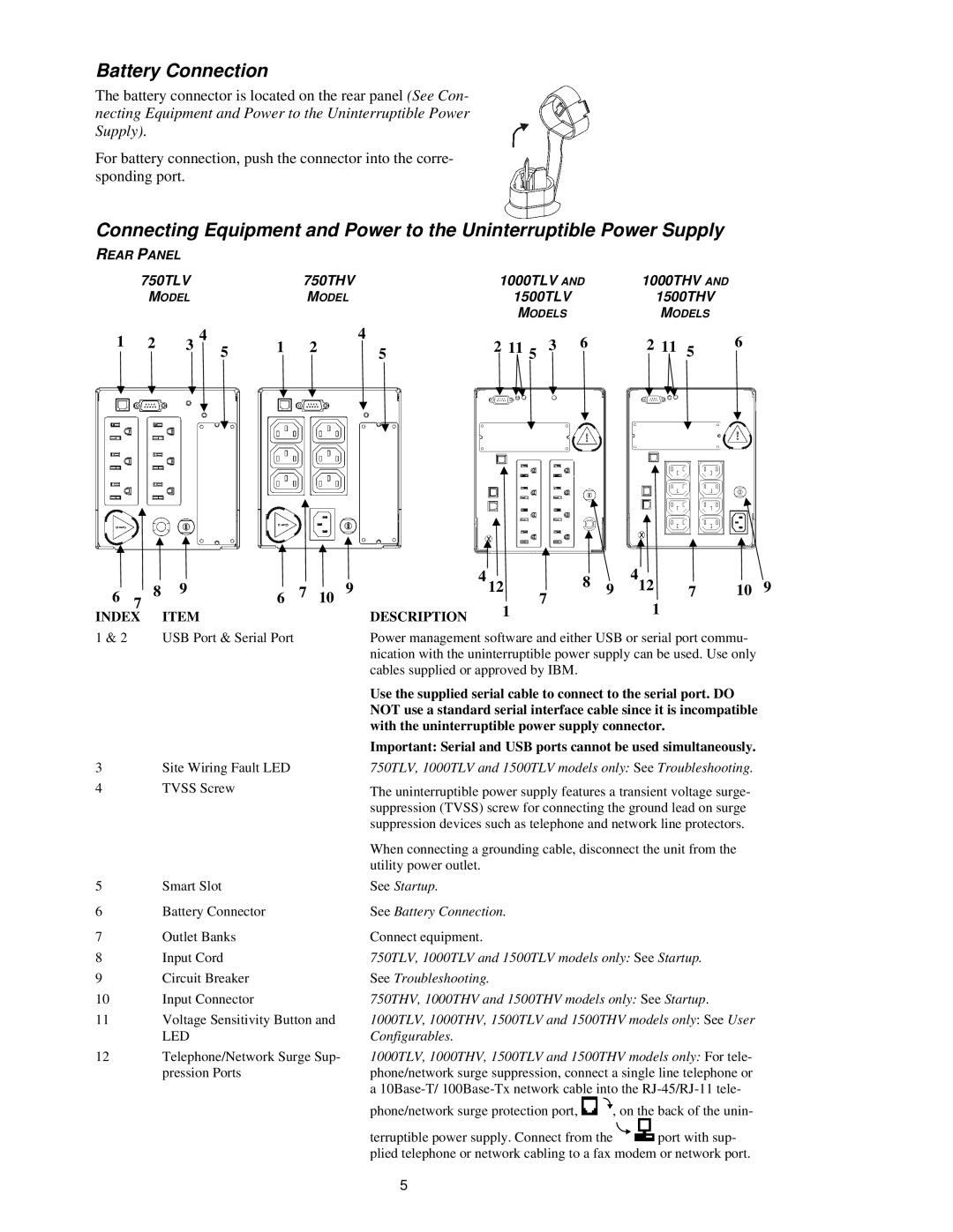 IBM UPS1000THV, UPS750TLV, UPS1500TLV, UPS1000TLV, UPS750THV, UPS1500THV manual Battery Connection 