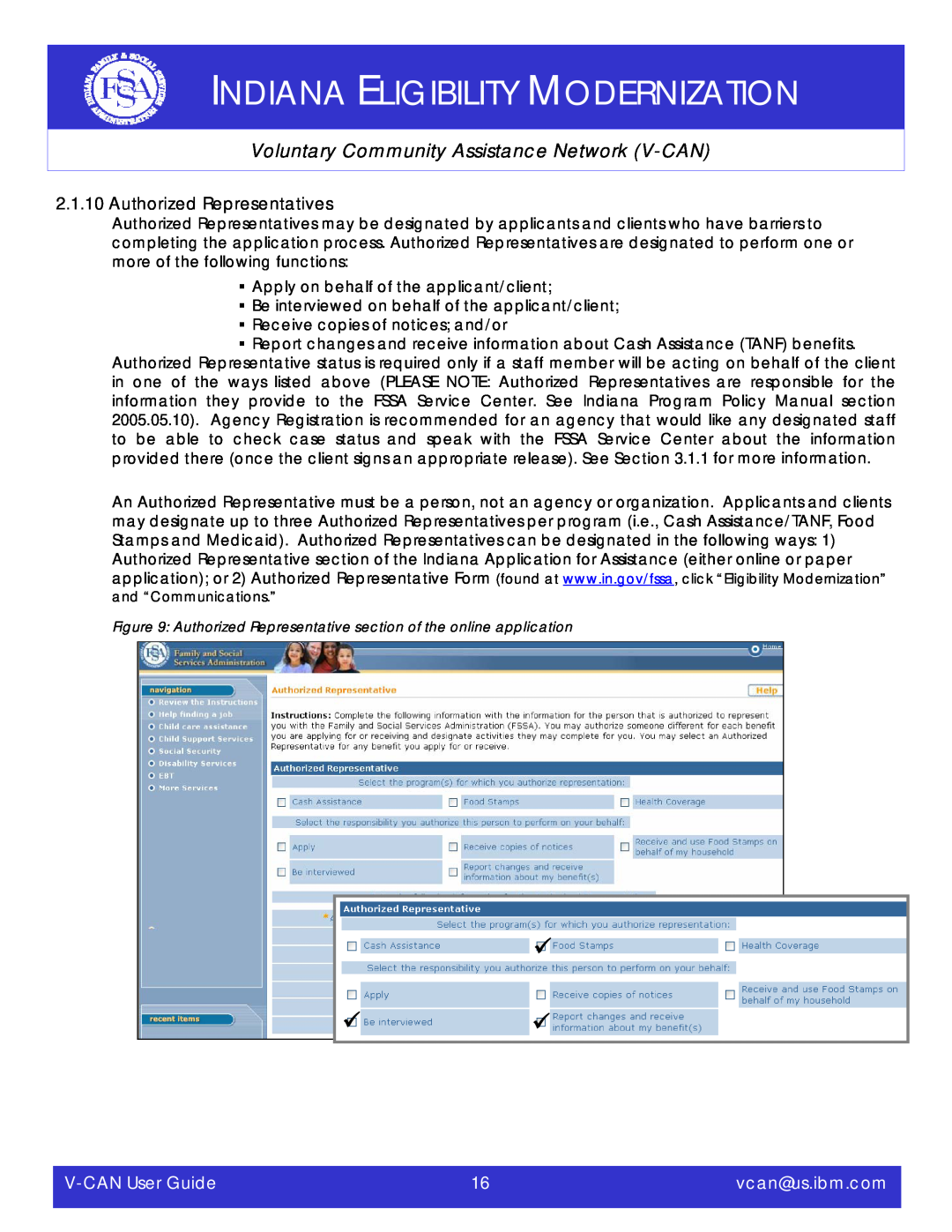 IBM manual Authorized Representatives, Indiana Eligibility Modernization, Voluntary Community Assistance Network V-CAN 