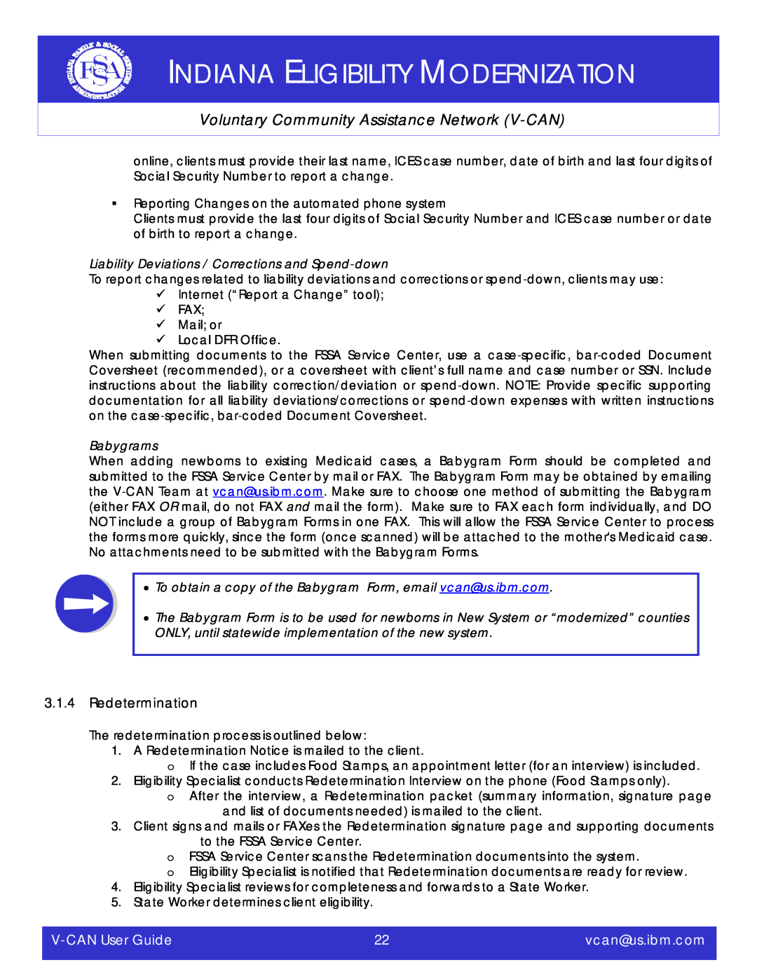 IBM Redetermination, Indiana Eligibility Modernization, Voluntary Community Assistance Network V-CAN, V-CAN User Guide 