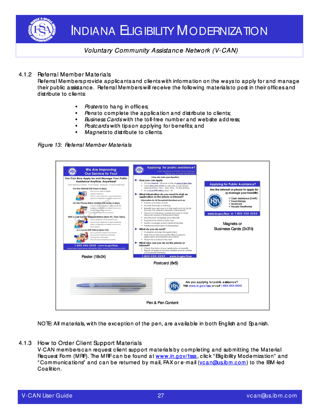 IBM V-CAN manual Referral Member Materials, How to Order Client Support Materials, Indiana Eligibility Modernization 
