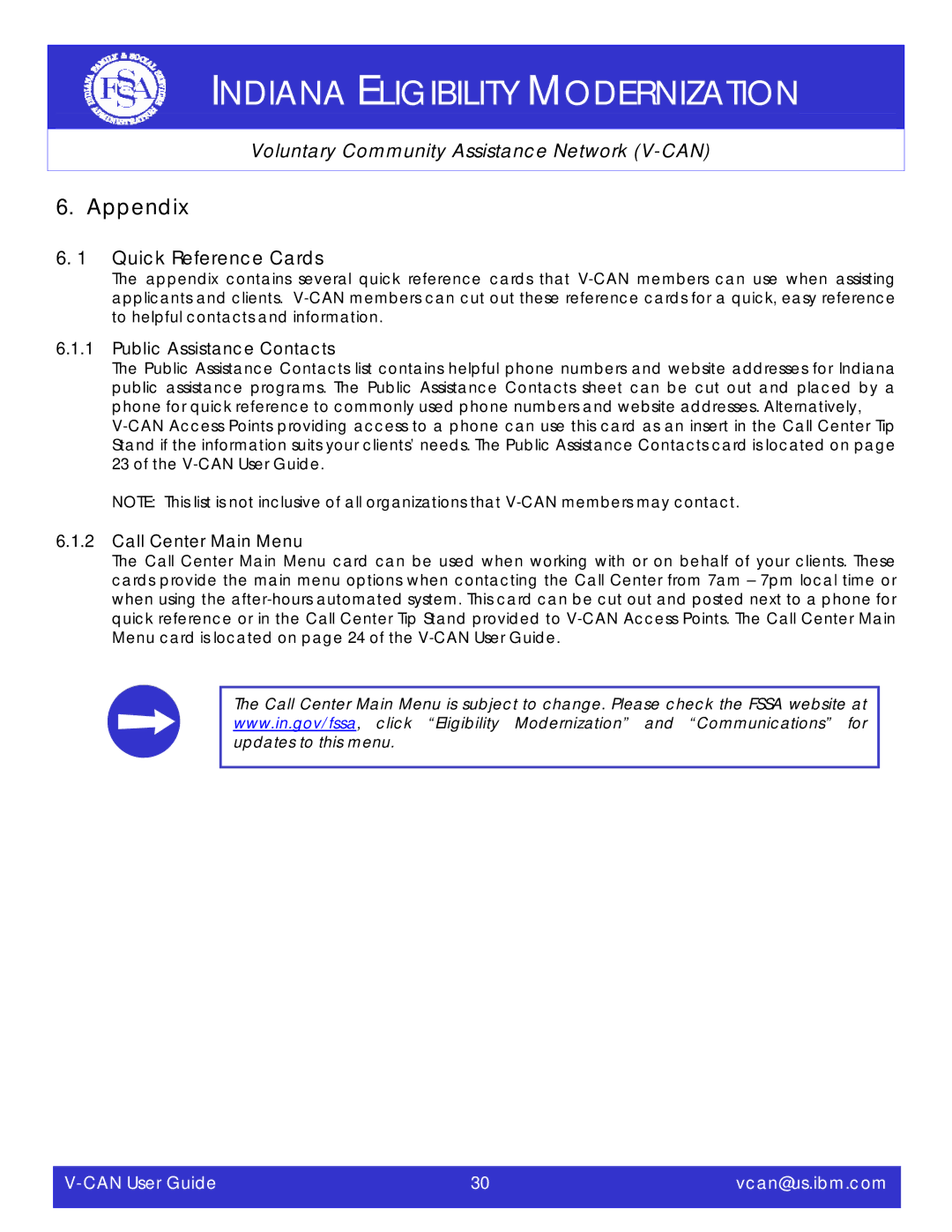 IBM V-CAN manual Appendix, Quick Reference Cards, Public Assistance Contacts, Call Center Main Menu 