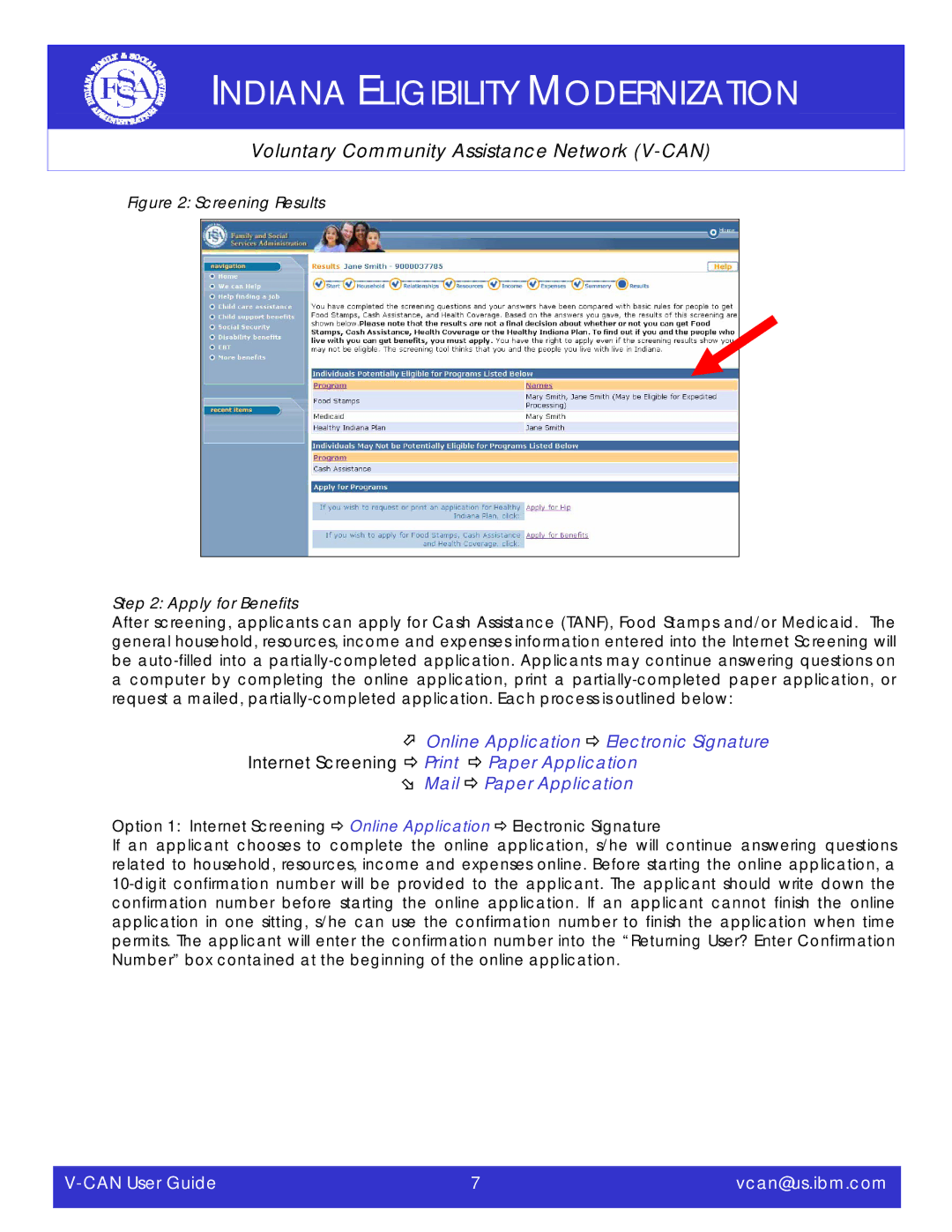 IBM V-CAN manual Screening Results Apply for Benefits 