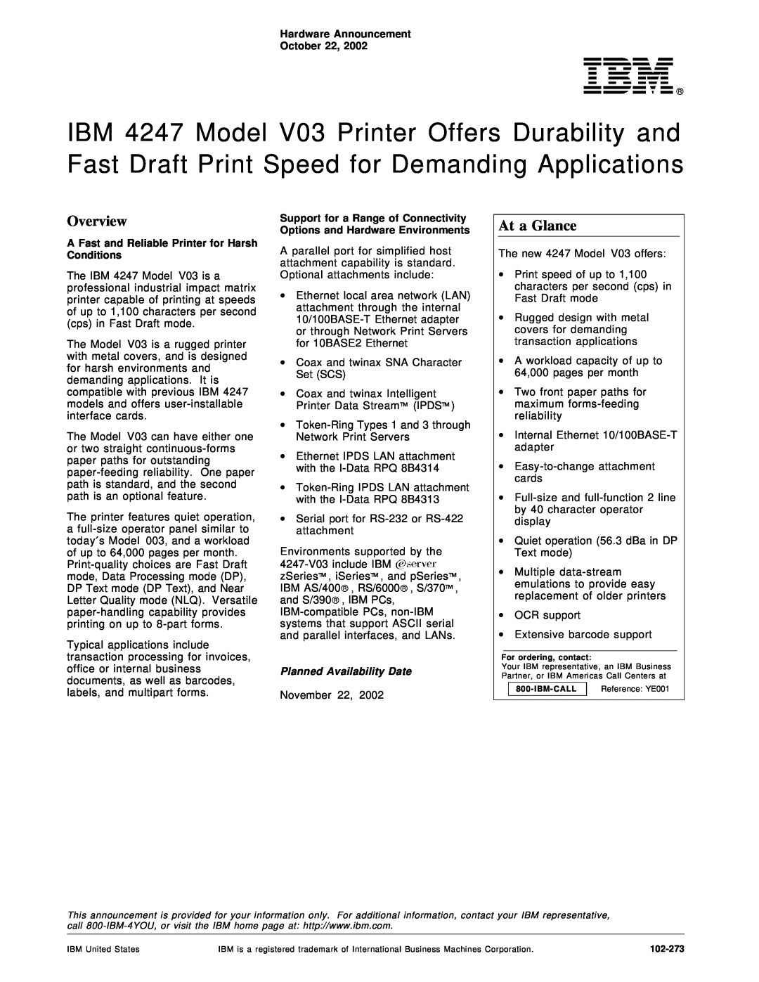 IBM V03 manual Overview, At a Glance 